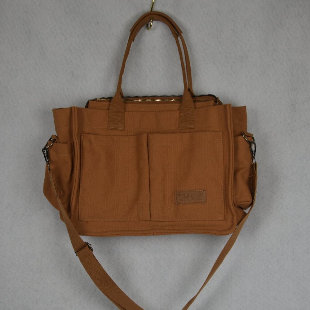 ZHMO Canvas Tote Bag With Pockets And Shoulder Strap, Zipper Brown